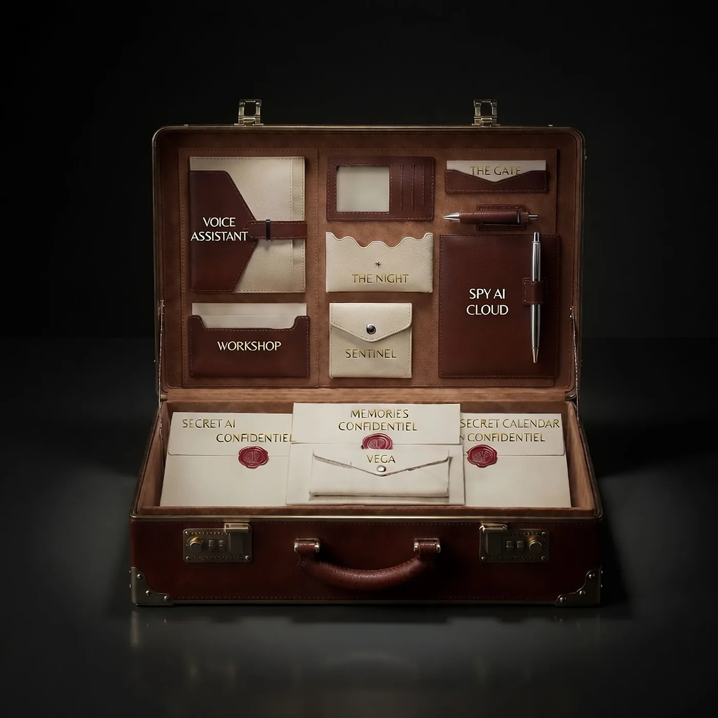 The Local AI Memory briefcase, open: six labelled pockets in the lid (voice assistant, the gate, the night, spy AI cloud, workshop, sentinel), and in the well three sealed envelopes and the Vega pouch (secret AI, memories, secret calendar, Vega).